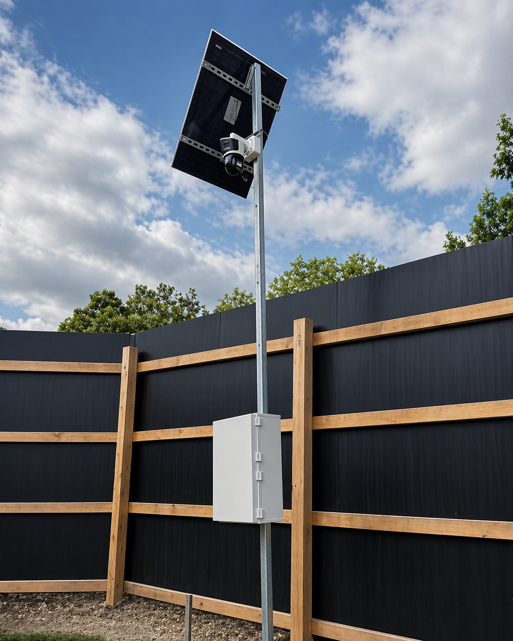 Jobsite surveillance camera pole system with solar panel hardware