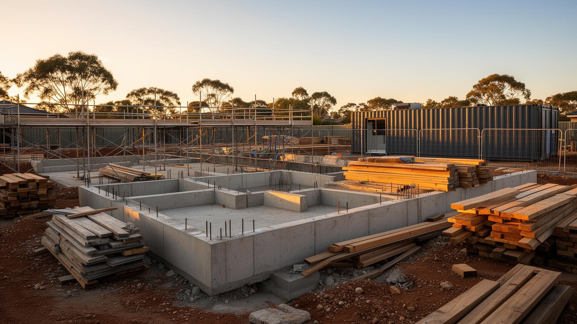 Australian worksite with concrete foundations, scaffolding and stacked materials